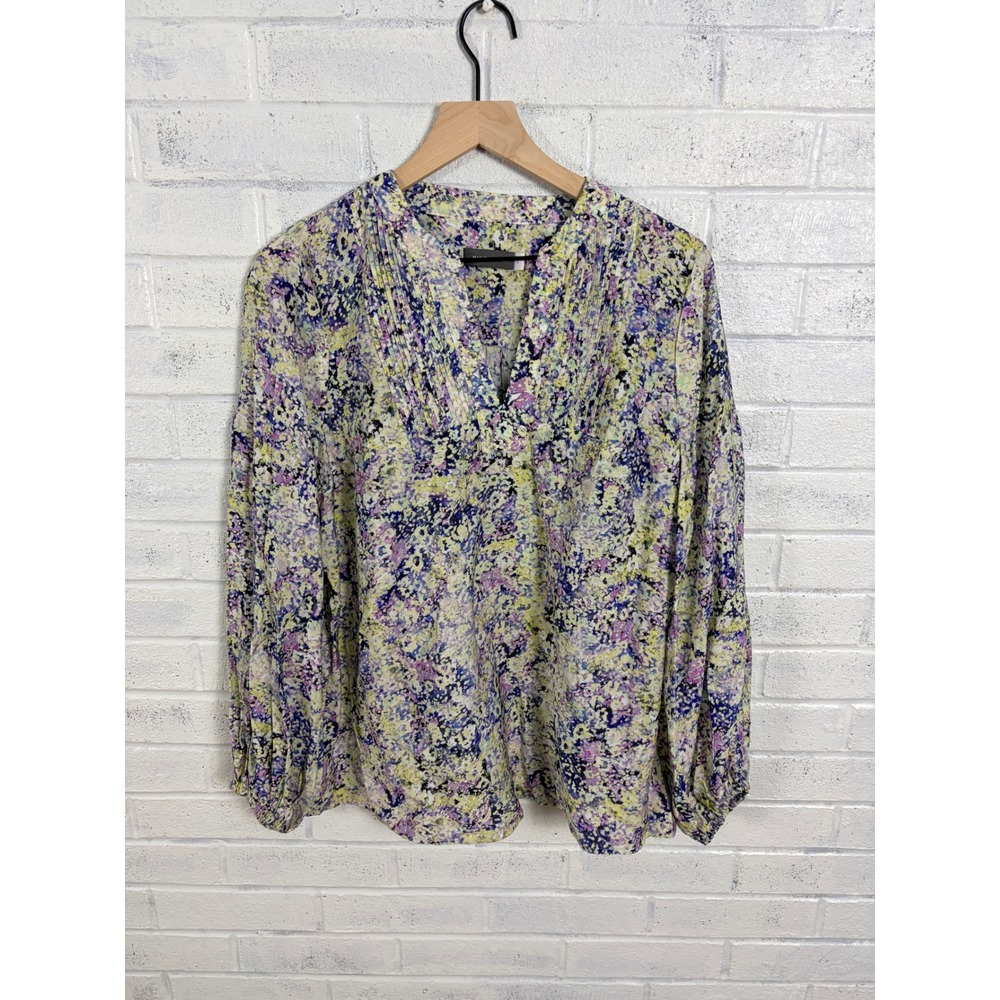 Mint Velvet Blouse Womens L Purple Yellow Floral Pintuck Popover Long Sleeve